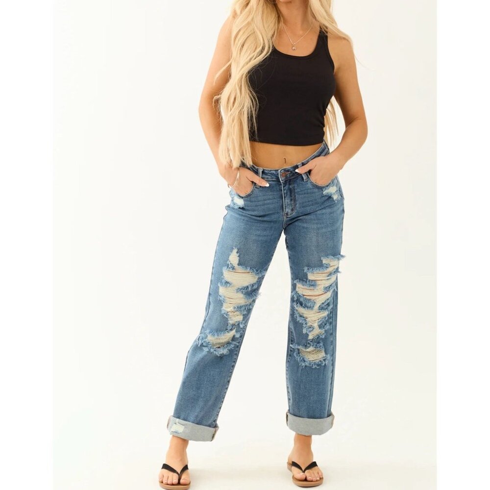 Judy Blue Jeans Women’s 7/28 Straight Fit Mid Rise Distressed Stretch Denim - Picture 5 of 15